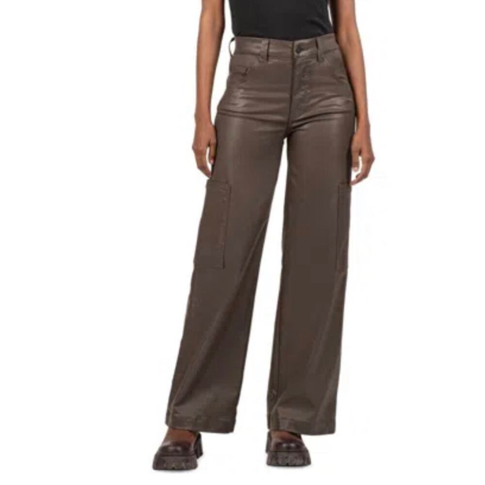 KUT Jodi Fab Ab Coated High Waist Wide Leg Cargo Jeans Seal Brown Size